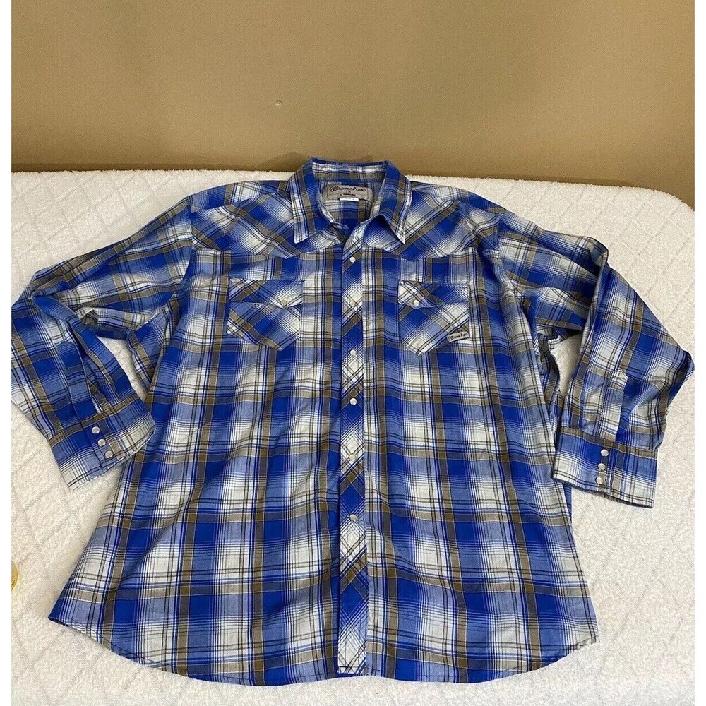 Wrangler Wrancher Pearl Snap On Blue Plaid Men’s Long Sleeve With Pockets SZ 3X